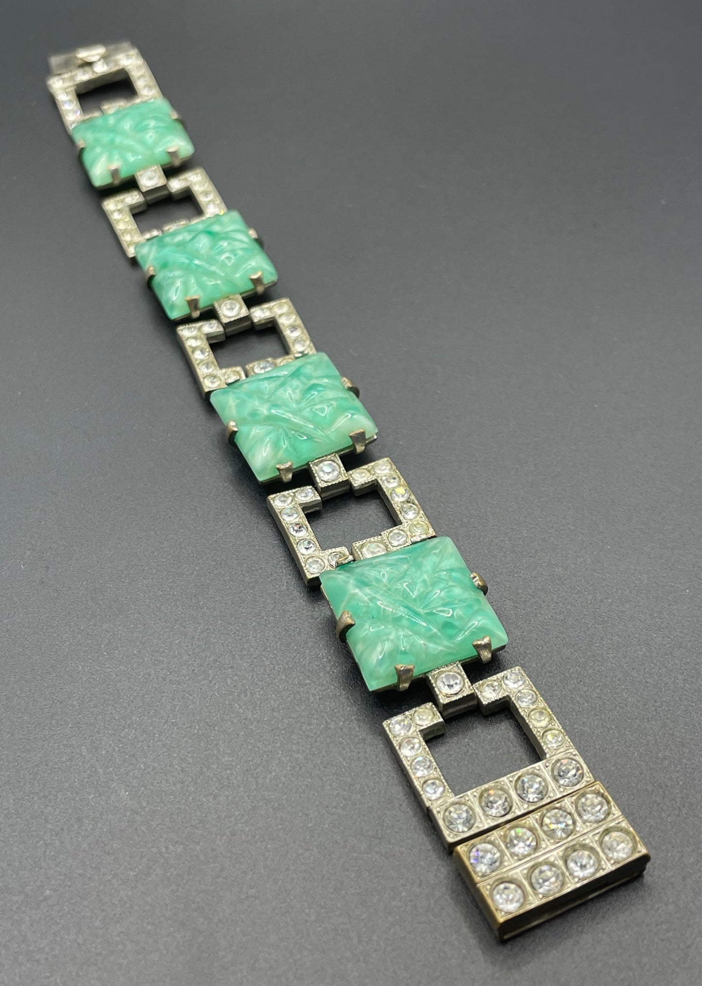 Vintage Art Deco green moulded glass, clear paste rhinestone and silver tone cocktail bracelet