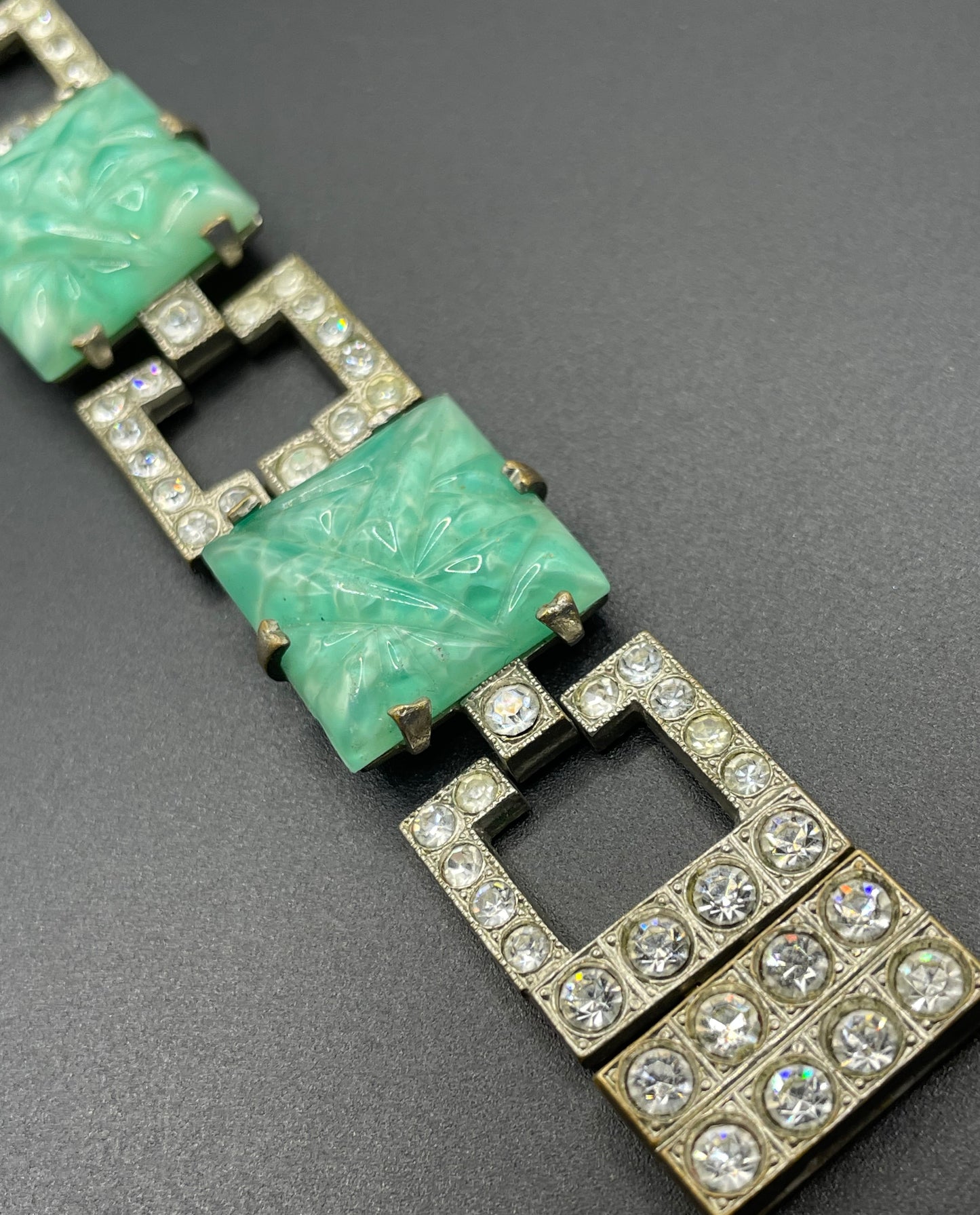Vintage Art Deco green moulded glass, clear paste rhinestone and silver tone cocktail bracelet