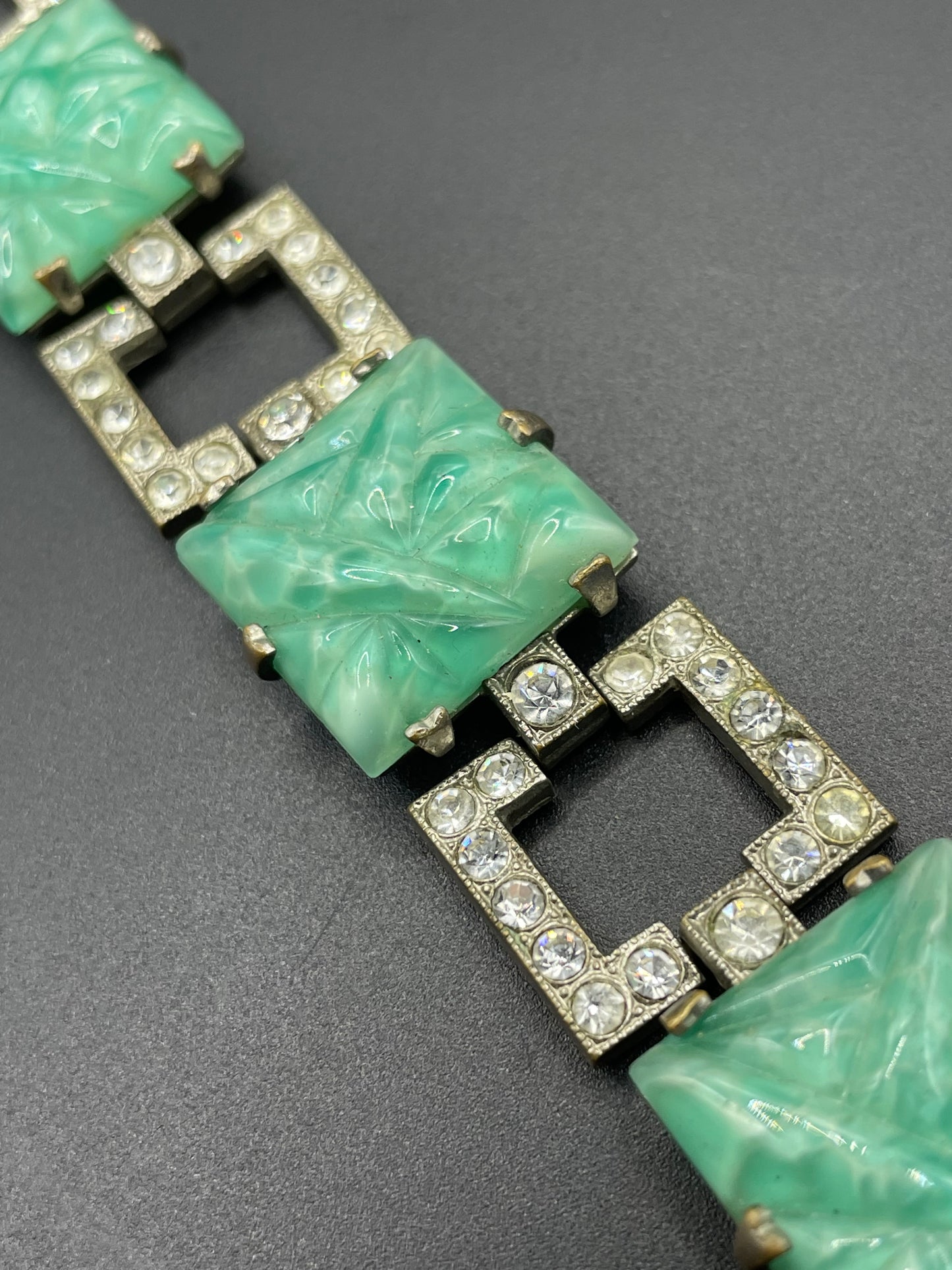 Vintage Art Deco green moulded glass, clear paste rhinestone and silver tone cocktail bracelet