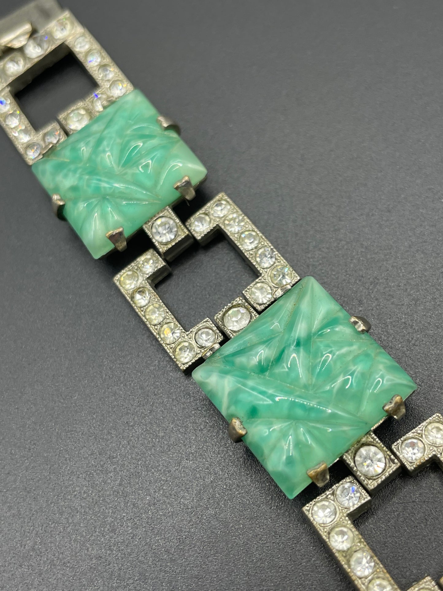 Vintage Art Deco green moulded glass, clear paste rhinestone and silver tone cocktail bracelet