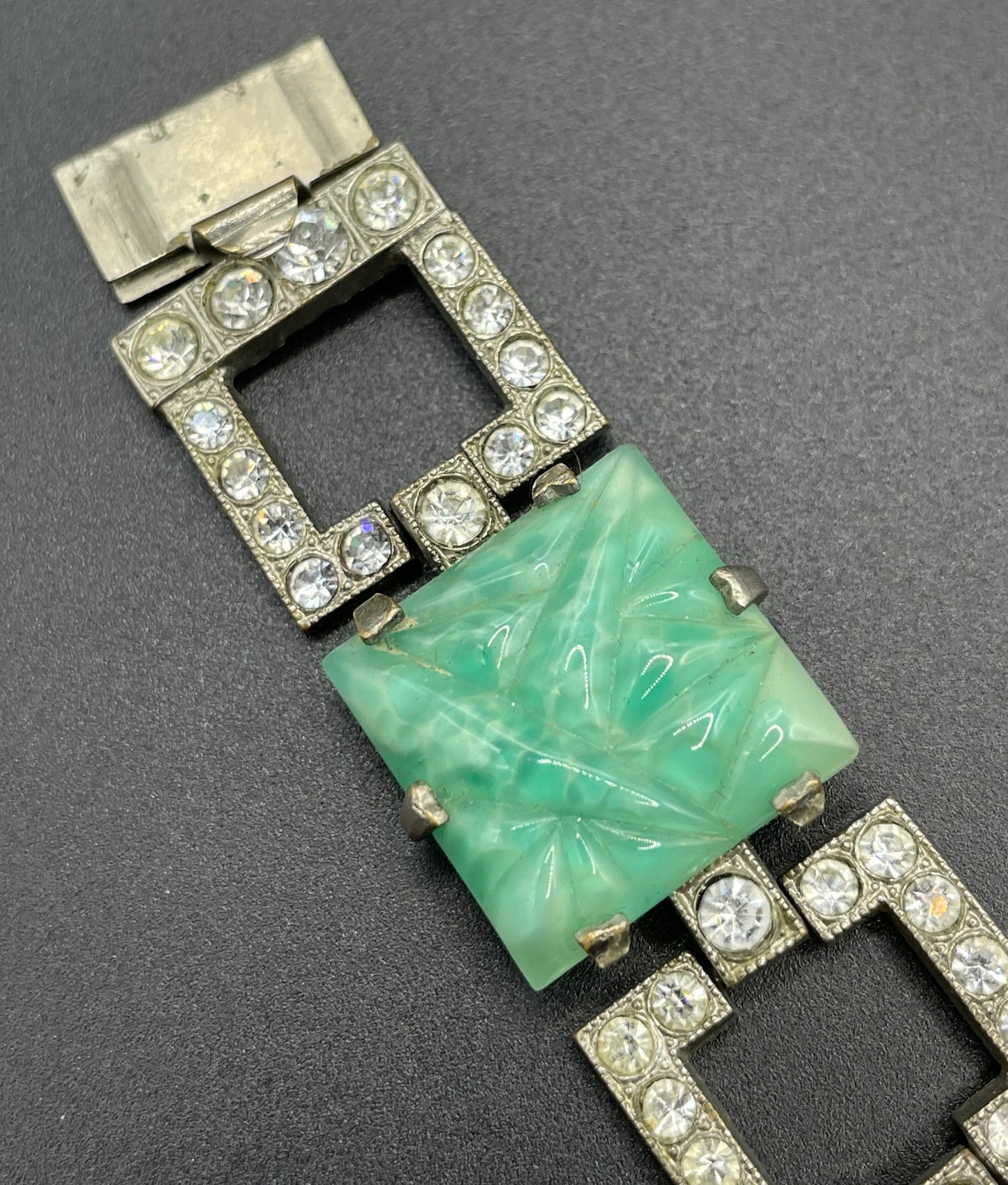 Vintage Art Deco green moulded glass, clear paste rhinestone and silver tone cocktail bracelet