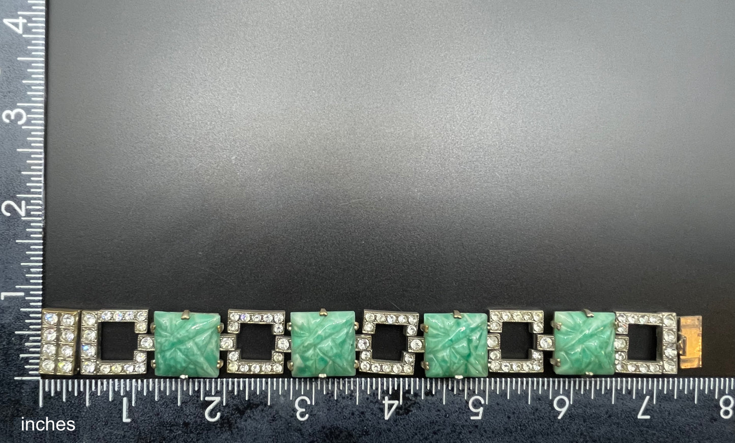 Vintage Art Deco green moulded glass, clear paste rhinestone and silver tone cocktail bracelet