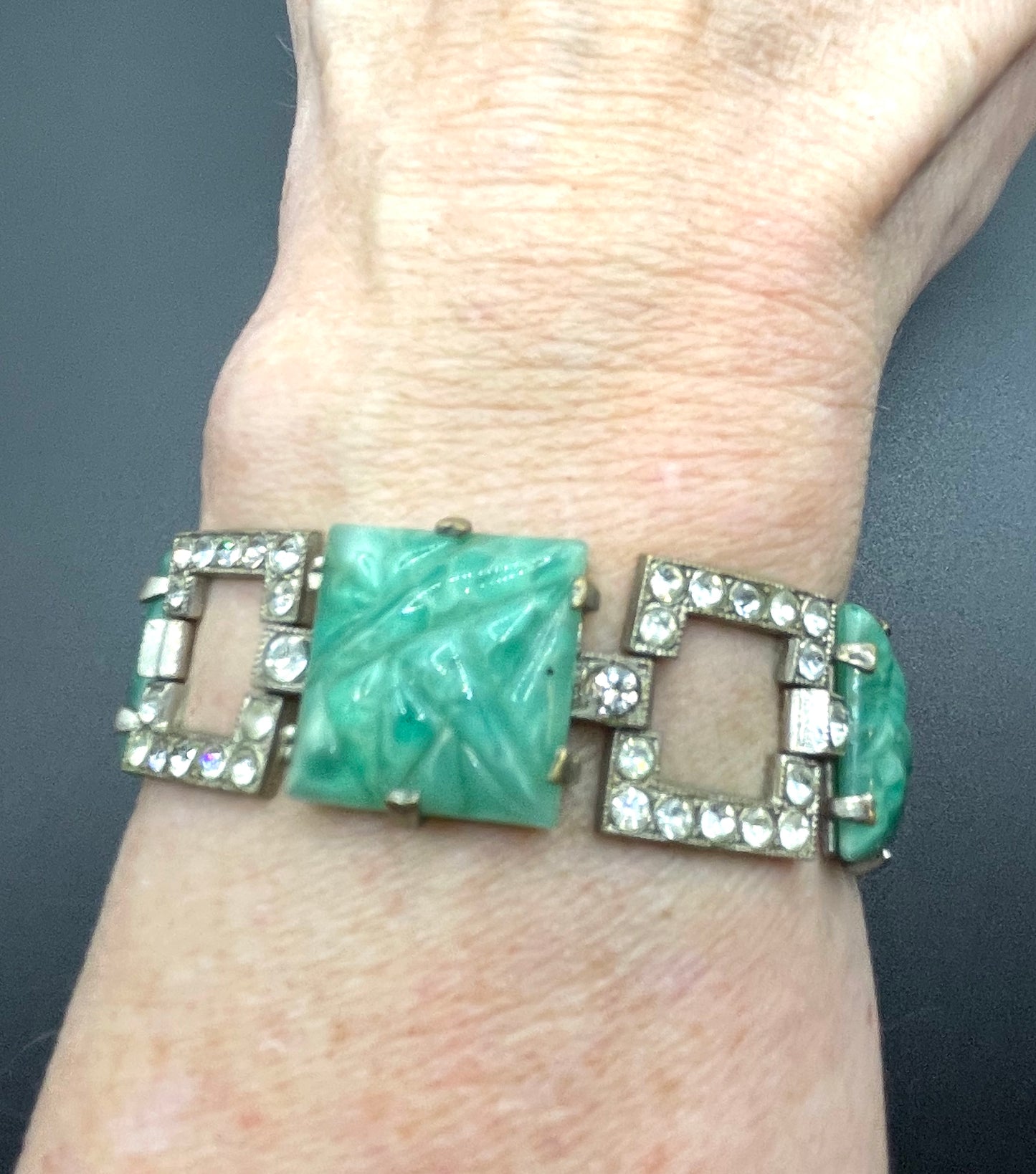 Vintage Art Deco green moulded glass, clear paste rhinestone and silver tone cocktail bracelet