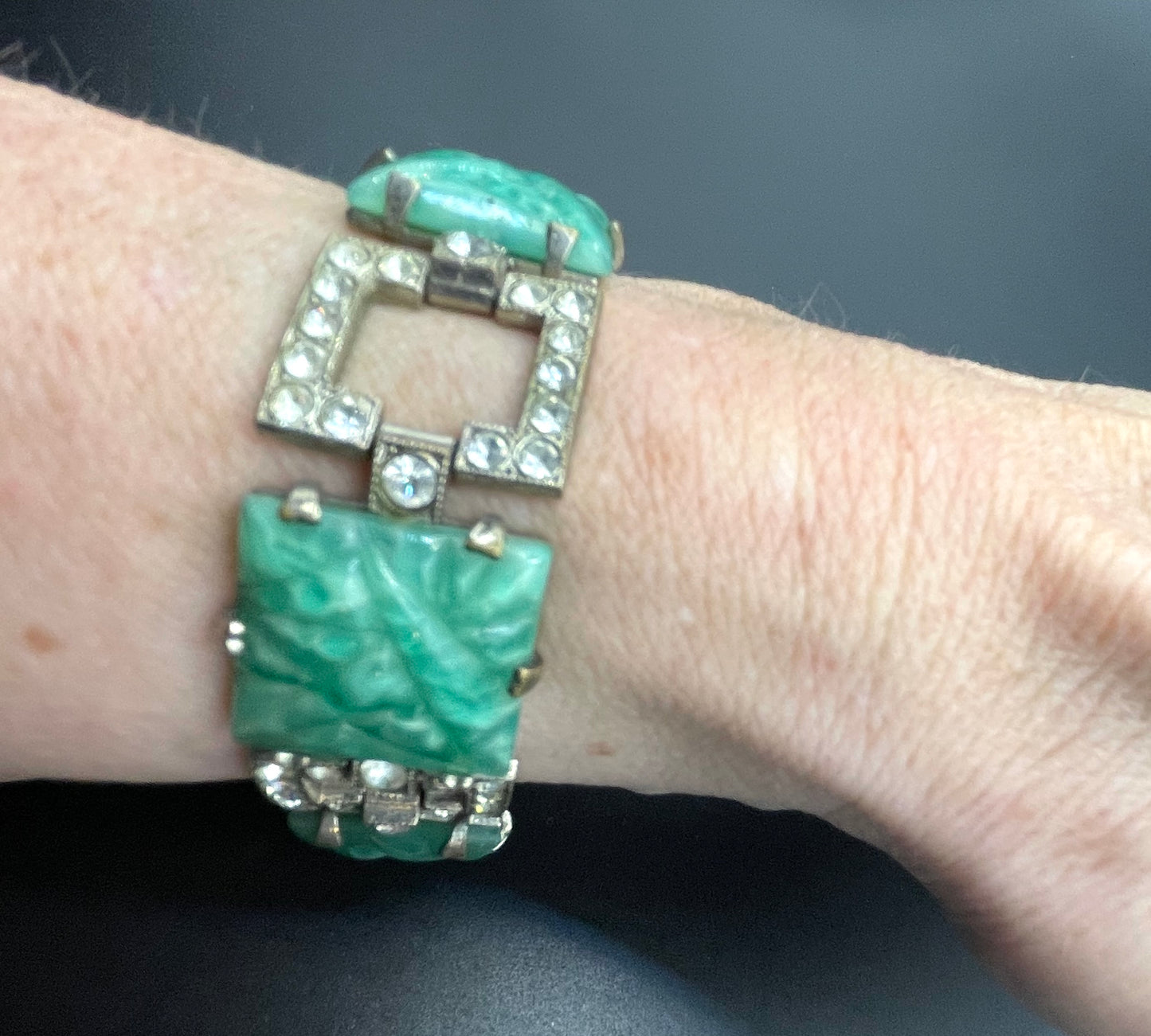 Vintage Art Deco green moulded glass, clear paste rhinestone and silver tone cocktail bracelet