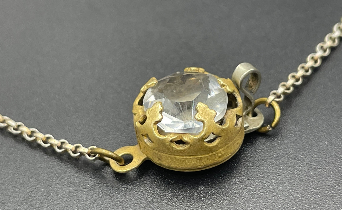 Antique paste riviere necklace, open backed gold tone brass settings, beautiful clear paste rhinestones, negligee pendant tassels