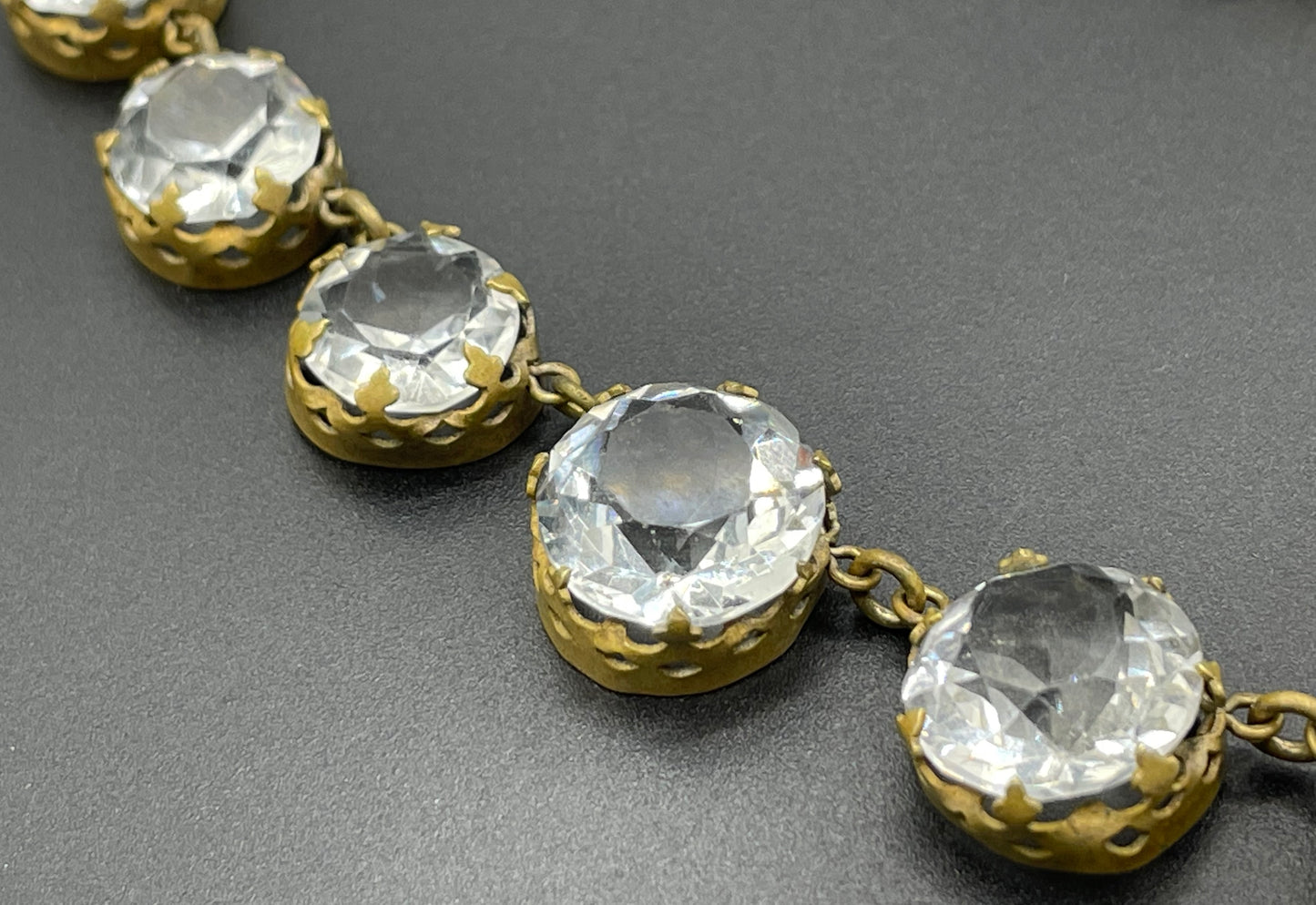 Antique paste riviere necklace, open backed gold tone brass settings, beautiful clear paste rhinestones, negligee pendant tassels