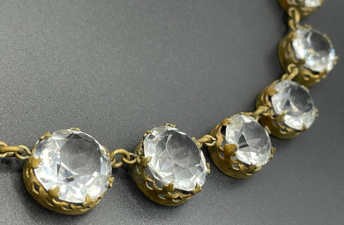 Antique paste riviere necklace, open backed gold tone brass settings, beautiful clear paste rhinestones, negligee pendant tassels