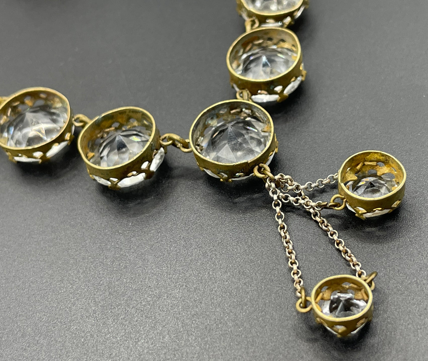Antique paste riviere necklace, open backed gold tone brass settings, beautiful clear paste rhinestones, negligee pendant tassels