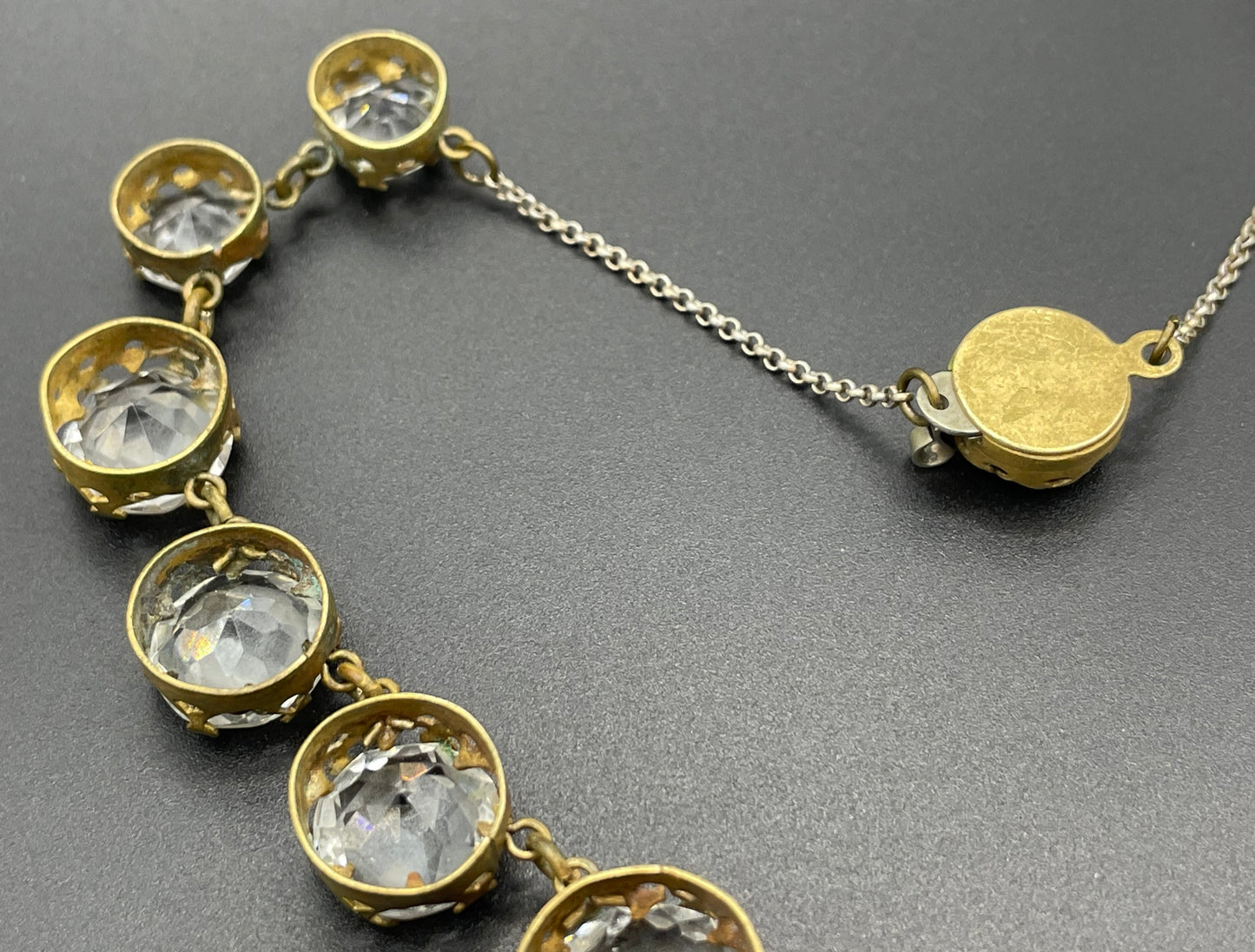 Antique paste riviere necklace, open backed gold tone brass settings, beautiful clear paste rhinestones, negligee pendant tassels