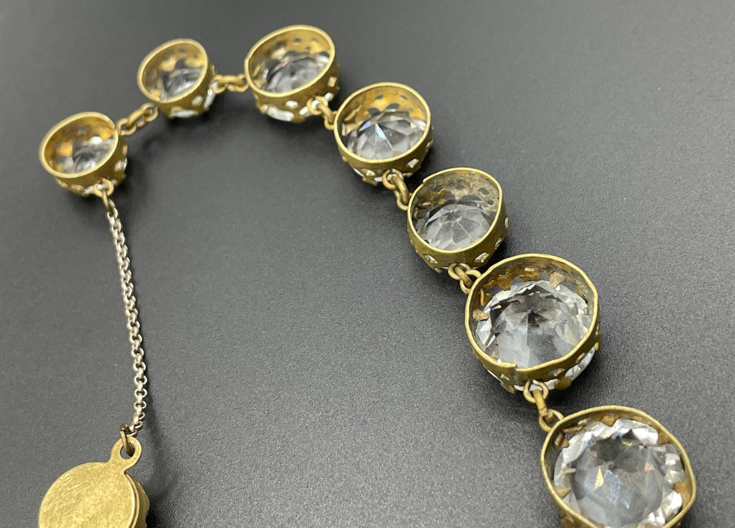 Antique paste riviere necklace, open backed gold tone brass settings, beautiful clear paste rhinestones, negligee pendant tassels