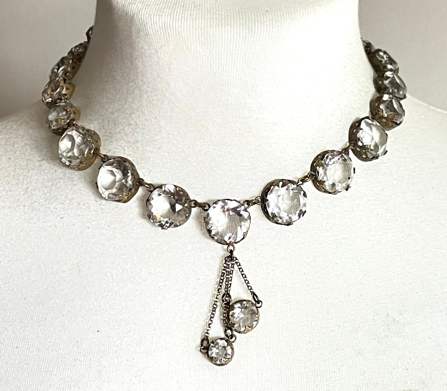 Antique paste riviere necklace, open backed gold tone brass settings, beautiful clear paste rhinestones, negligee pendant tassels