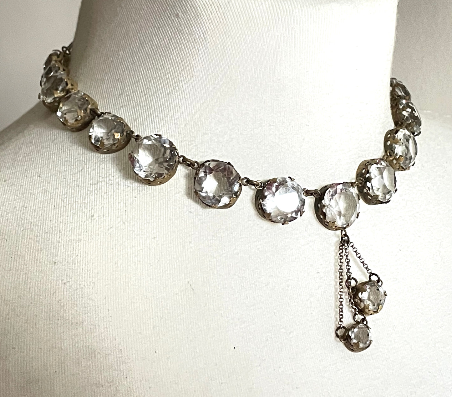 Antique paste riviere necklace, open backed gold tone brass settings, beautiful clear paste rhinestones, negligee pendant tassels