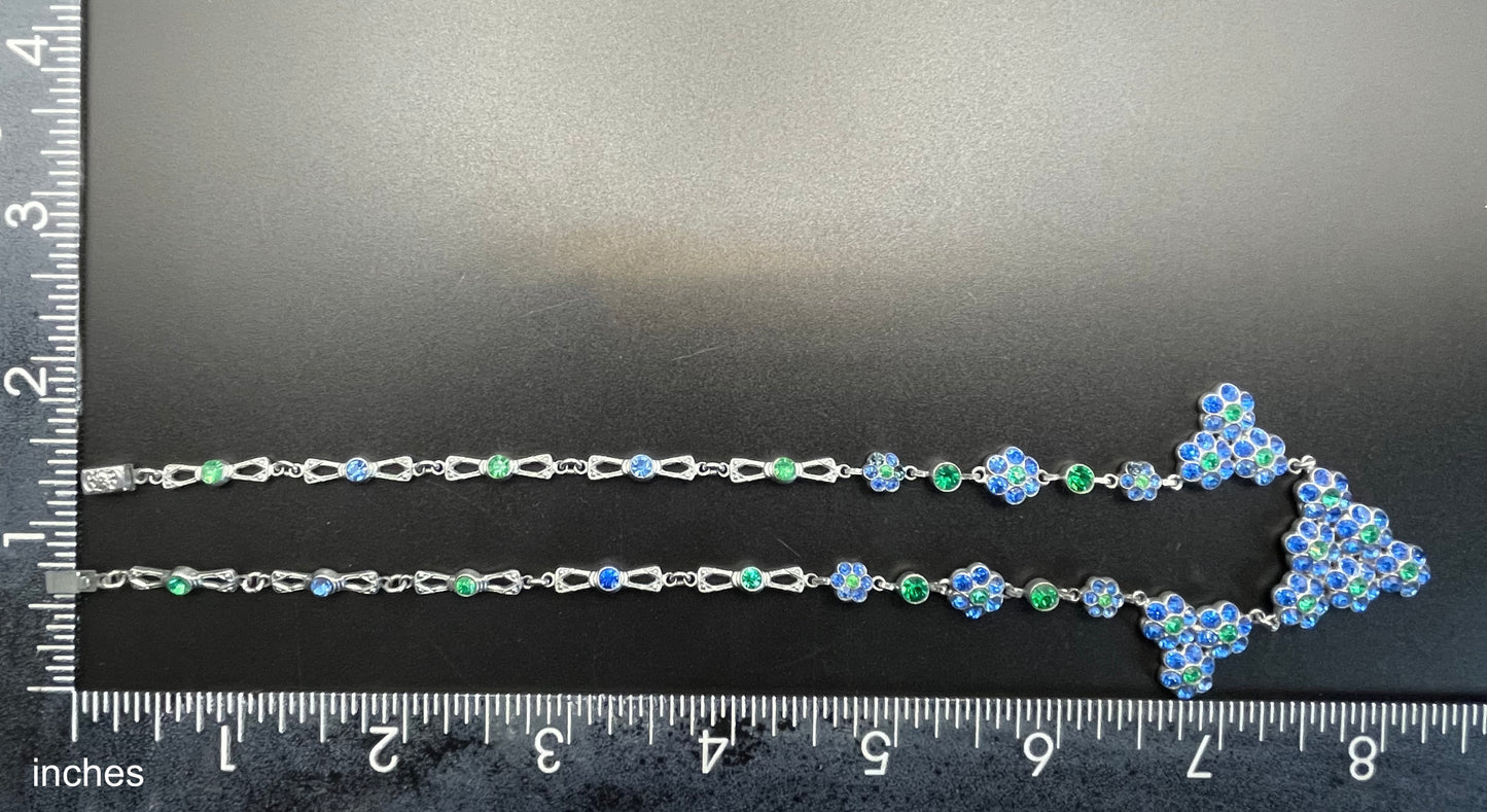 Vintage bright blue and green paste rhinestone and shiny silver tone necklace, 1930s to 1940s machine age links, floral design