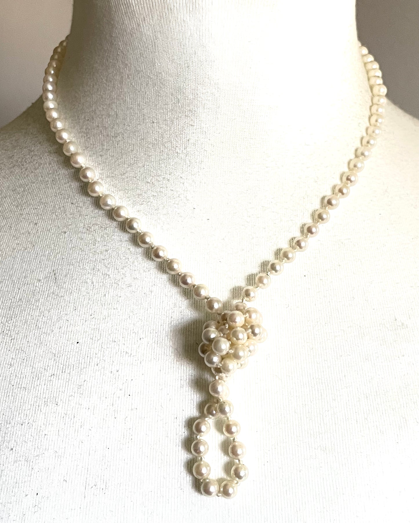 Vintage real cultured pearl necklace, longer length so can be worn as a double strand with the included vintage rhinestone necklace clip