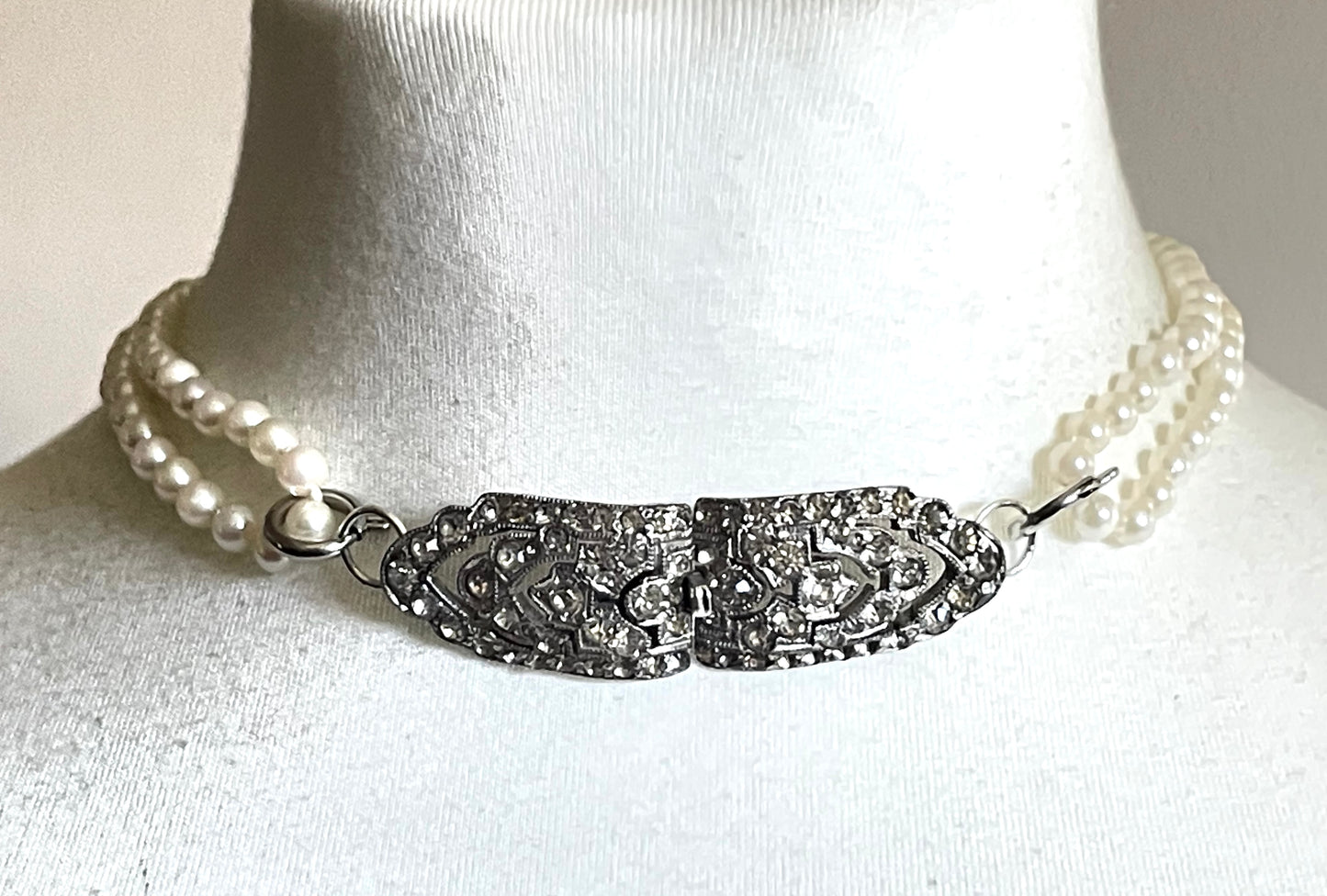 Vintage real cultured pearl necklace, longer length so can be worn as a double strand with the included vintage rhinestone necklace clip
