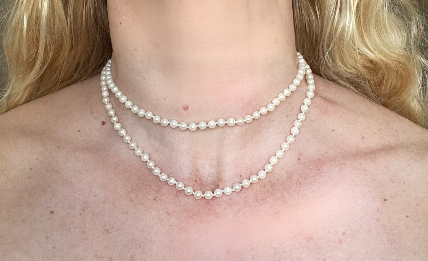 Vintage real cultured pearl necklace, longer length so can be worn as a double strand with the included vintage rhinestone necklace clip