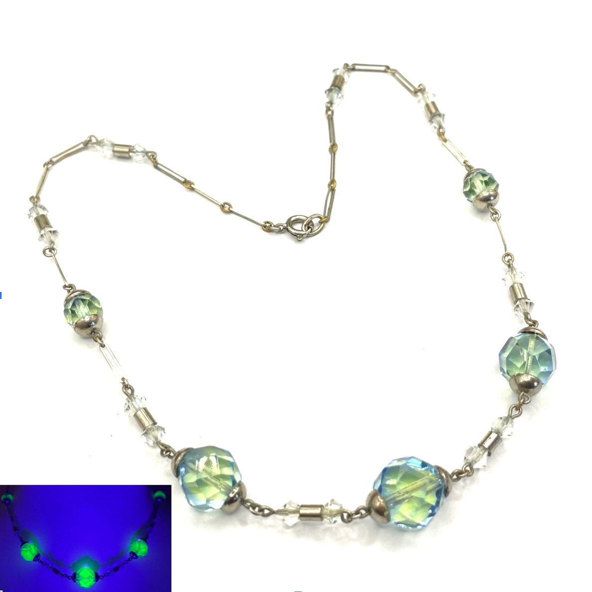 Vintage bi-colour uranium glass green and blue coloured faceted crystal bead Art Deco necklace, crystal that glows under UV / black light
