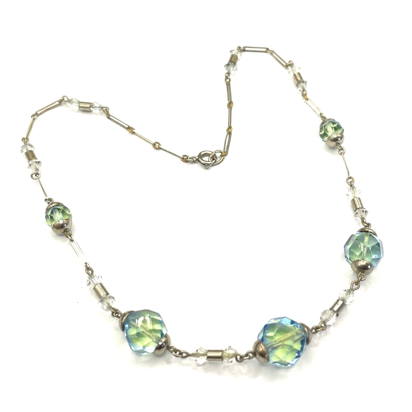 Vintage bi-colour uranium glass green and blue coloured faceted crystal bead Art Deco necklace, crystal that glows under UV / black light