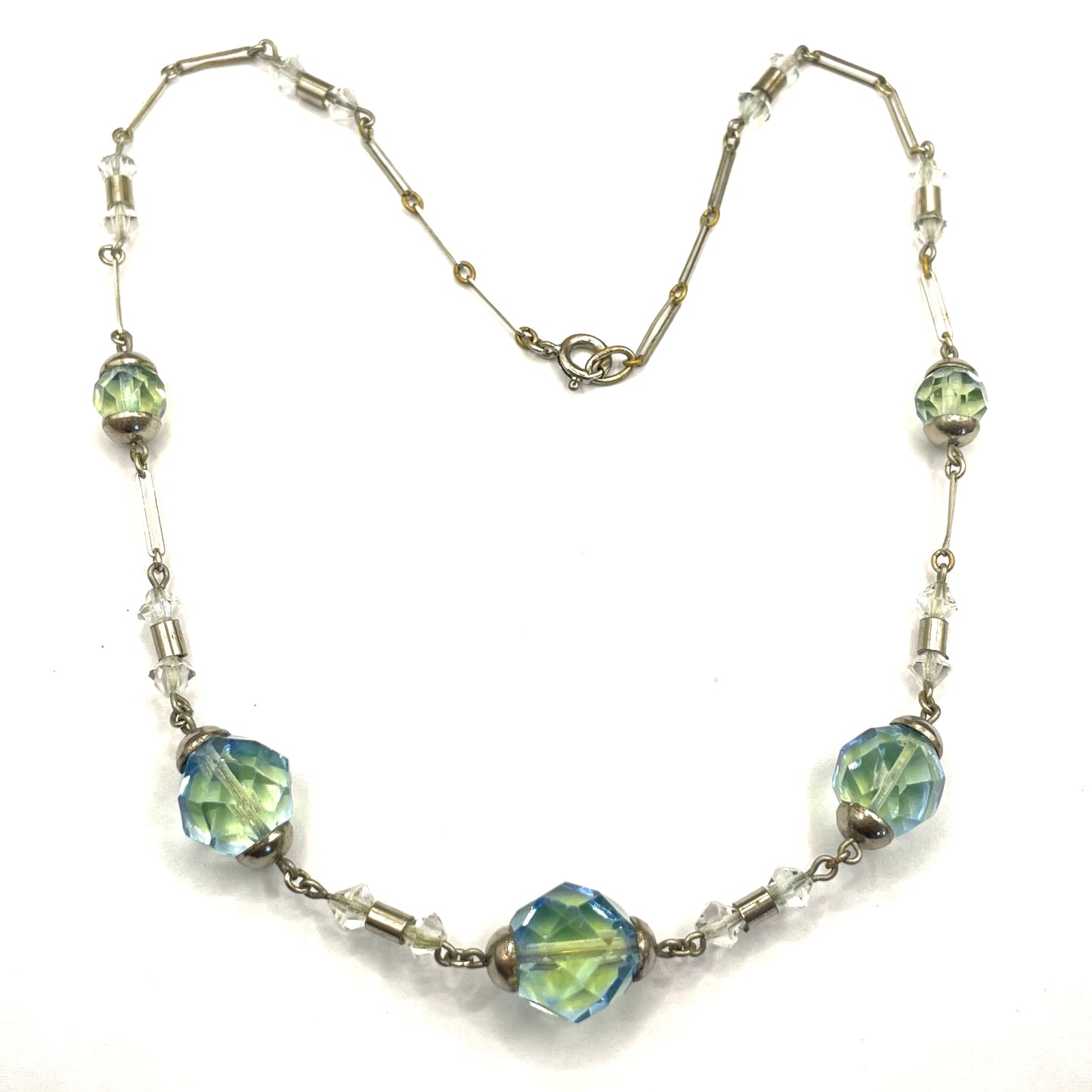 Vintage bi-colour uranium glass green and blue coloured faceted crystal bead Art Deco necklace, crystal that glows under UV / black light