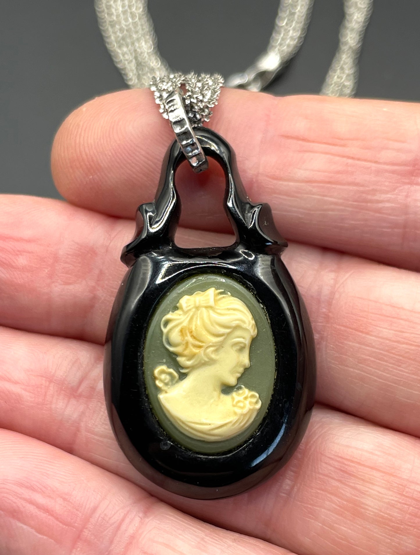 Antique Victorian carved Whitby jet cameo pendant here with a more modern multi-strand 20-inch Italian sterling silver popcorn chain