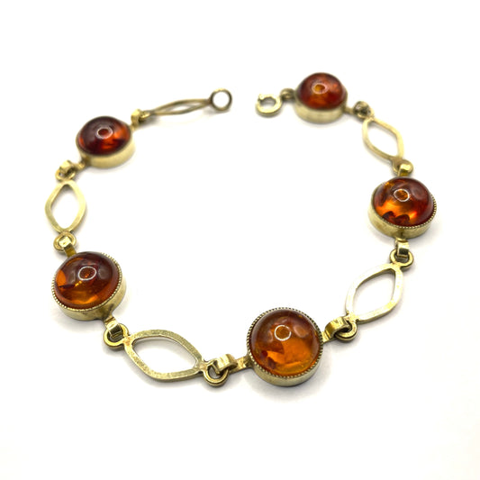 Vintage Art Deco 1920s / 1930s amber gemstone cabochon and gold tone bracelet, stamped AMR