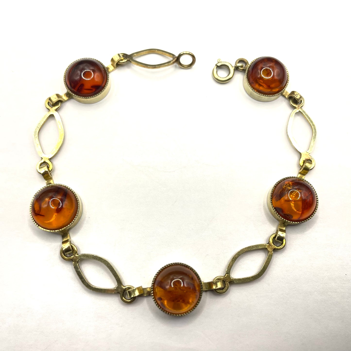 Vintage Art Deco 1920s / 1930s amber gemstone cabochon and gold tone bracelet, stamped AMR