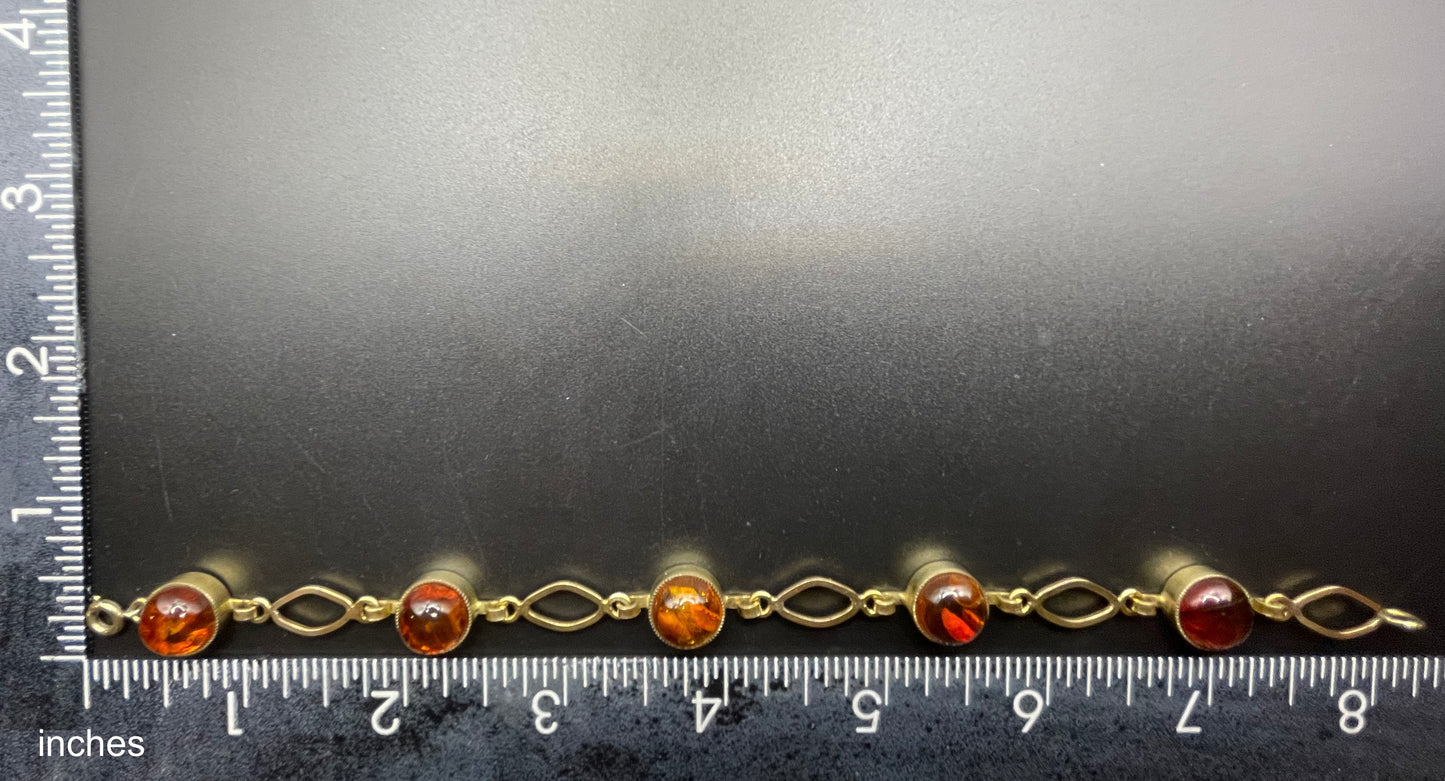Vintage Art Deco 1920s / 1930s amber gemstone cabochon and gold tone bracelet, stamped AMR
