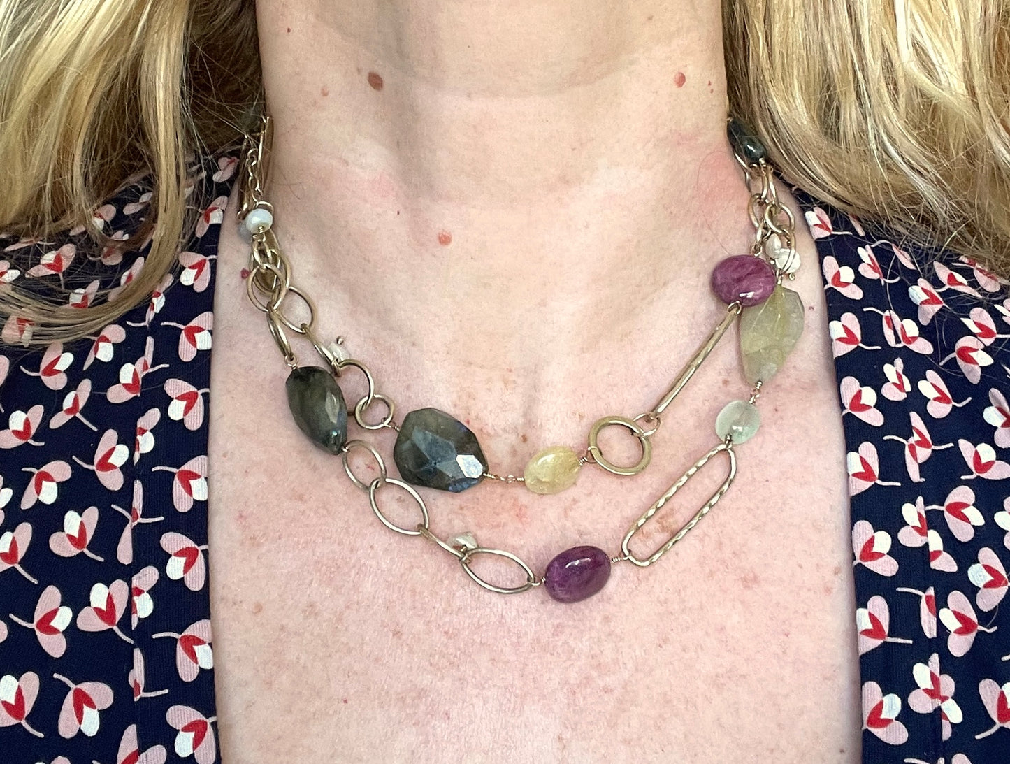 Signed Monica Vinader heavy sterling silver vermeil chunky hammered link long necklace with lots of semi-precious gemstone beads, 81 grams