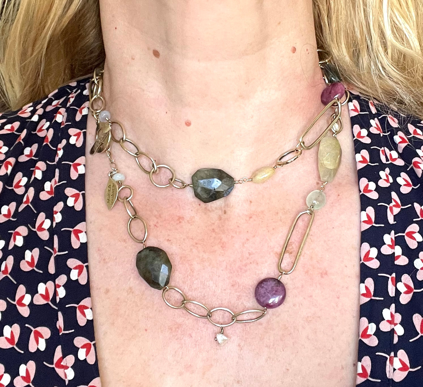 Signed Monica Vinader heavy sterling silver vermeil chunky hammered link long necklace with lots of semi-precious gemstone beads, 81 grams