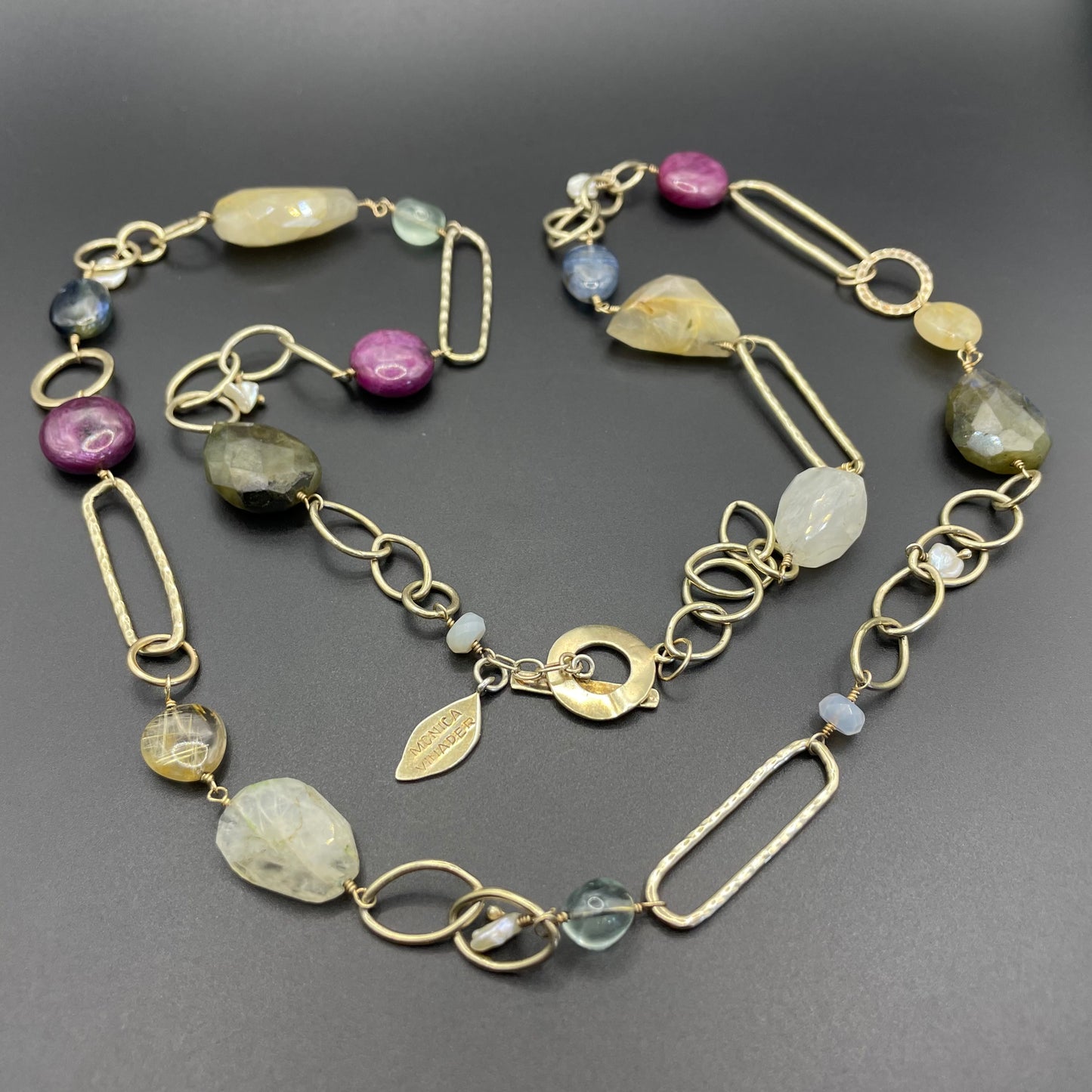 Signed Monica Vinader heavy sterling silver vermeil chunky hammered link long necklace with lots of semi-precious gemstone beads, 81 grams