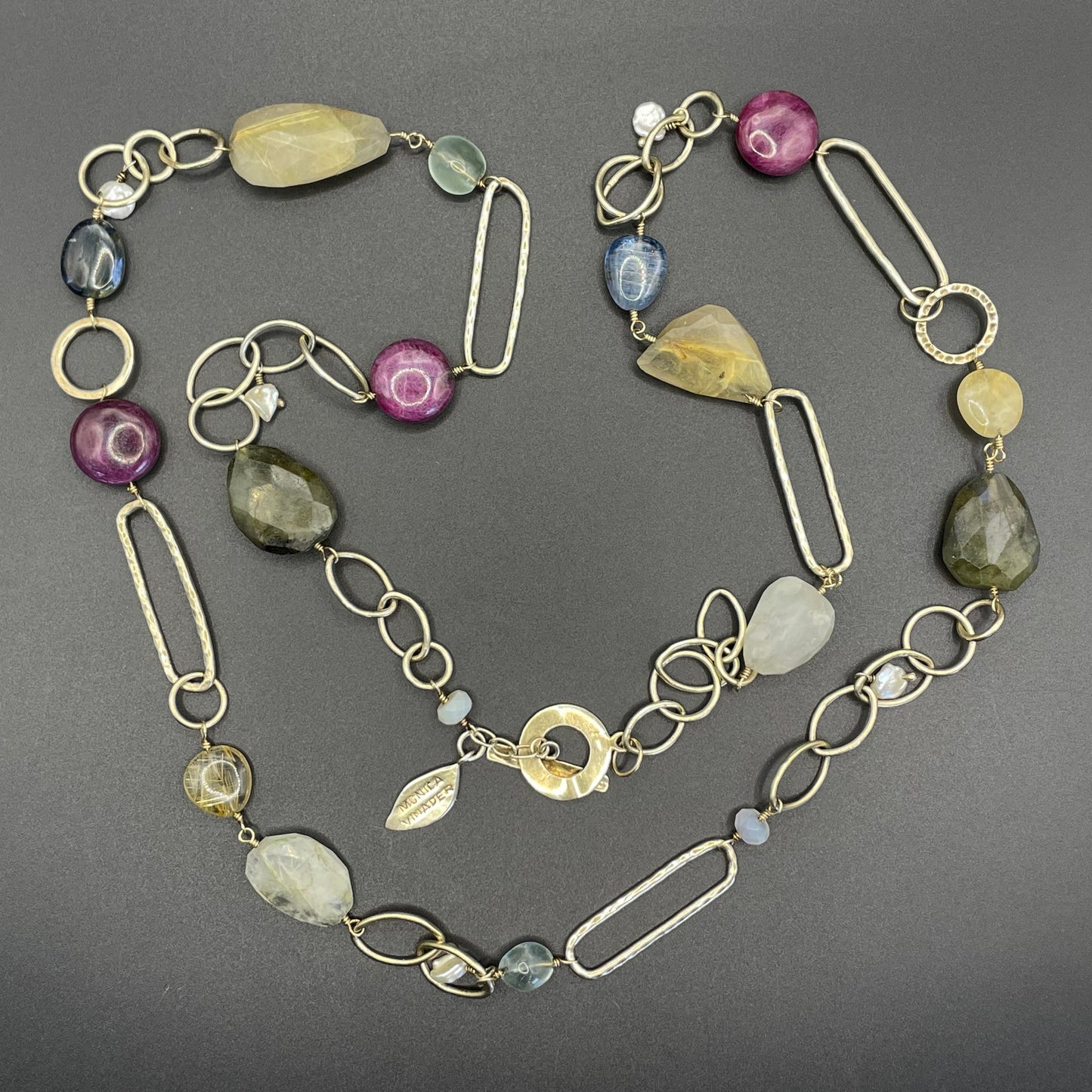 Signed Monica Vinader heavy sterling silver vermeil chunky hammered link long necklace with lots of semi-precious gemstone beads, 81 grams