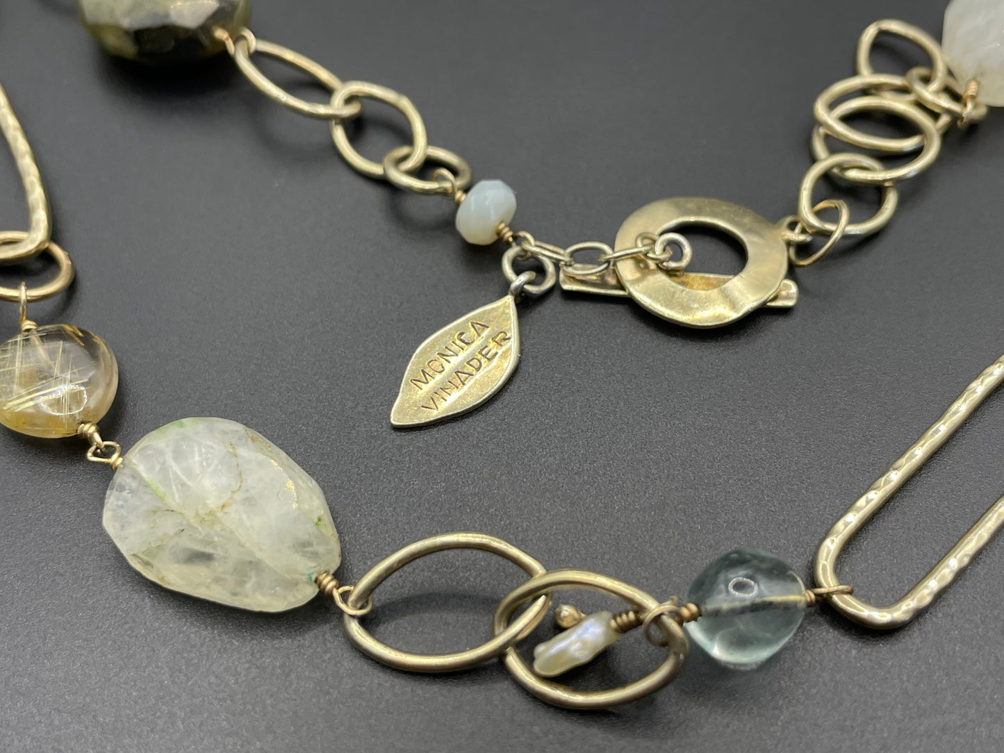 Signed Monica Vinader heavy sterling silver vermeil chunky hammered link long necklace with lots of semi-precious gemstone beads, 81 grams