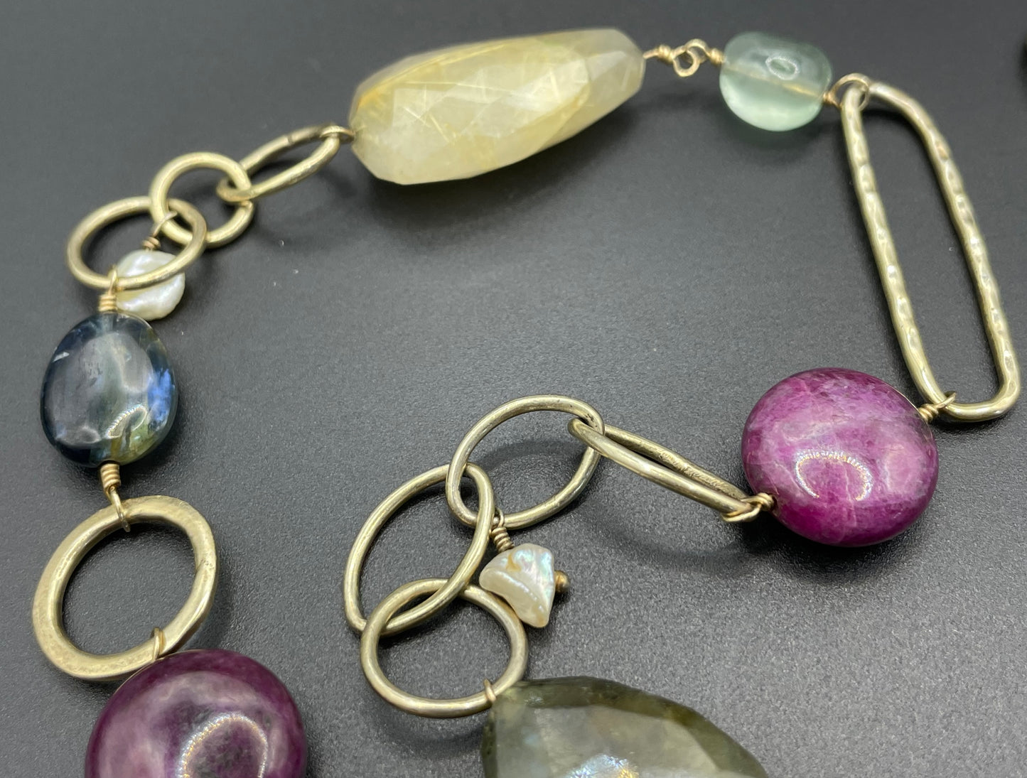 Signed Monica Vinader heavy sterling silver vermeil chunky hammered link long necklace with lots of semi-precious gemstone beads, 81 grams