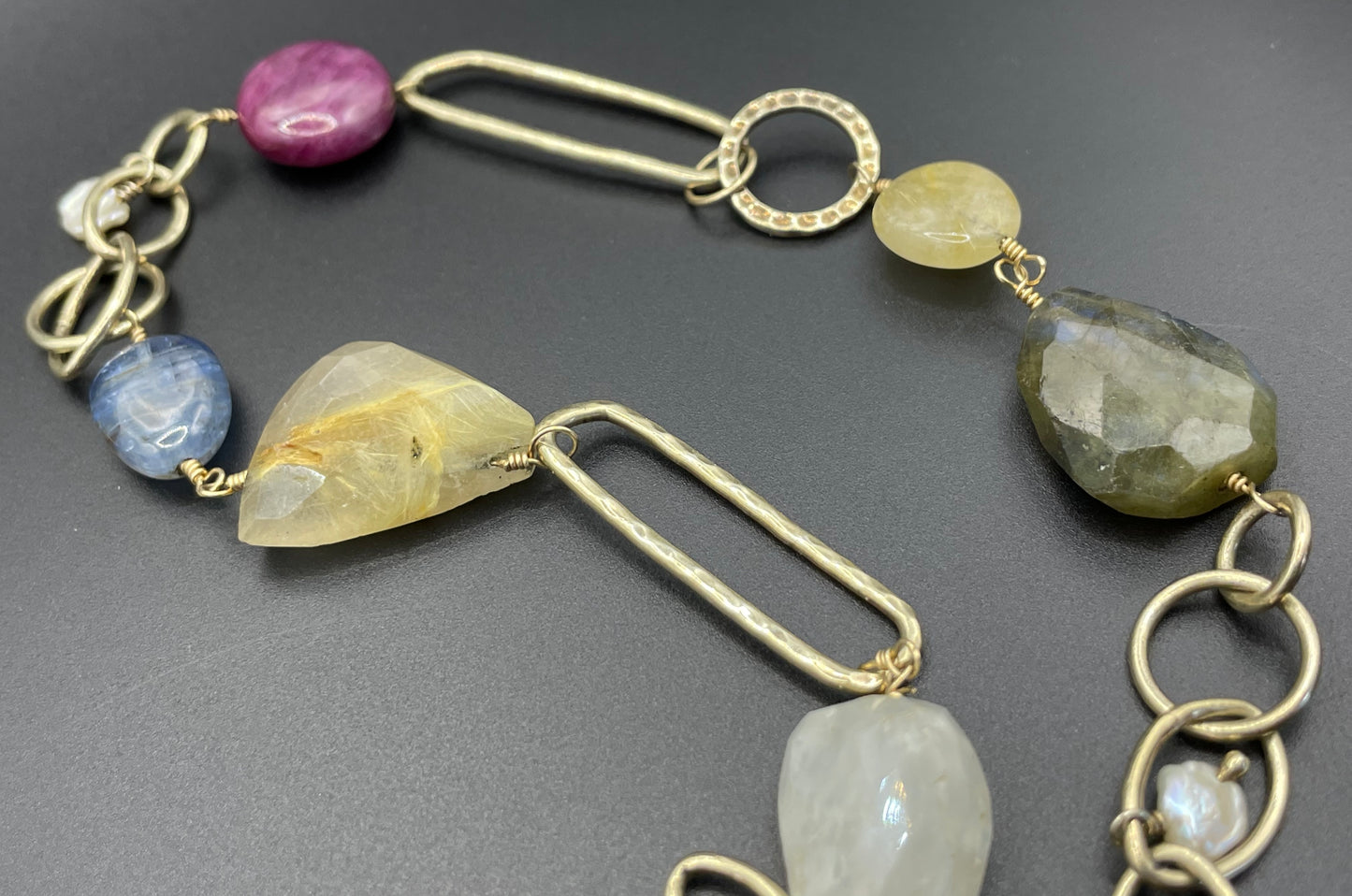 Signed Monica Vinader heavy sterling silver vermeil chunky hammered link long necklace with lots of semi-precious gemstone beads, 81 grams