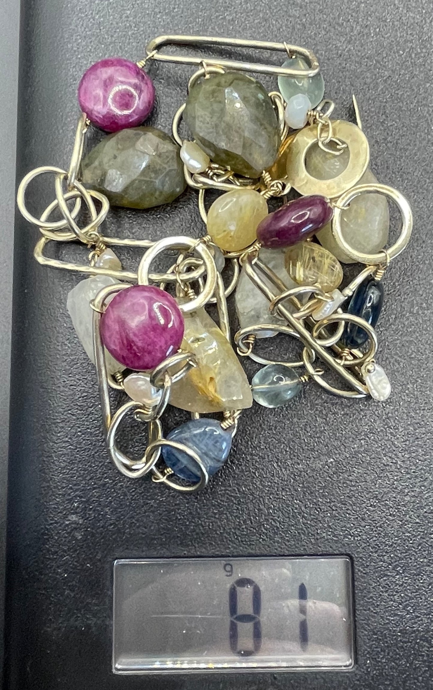 Signed Monica Vinader heavy sterling silver vermeil chunky hammered link long necklace with lots of semi-precious gemstone beads, 81 grams