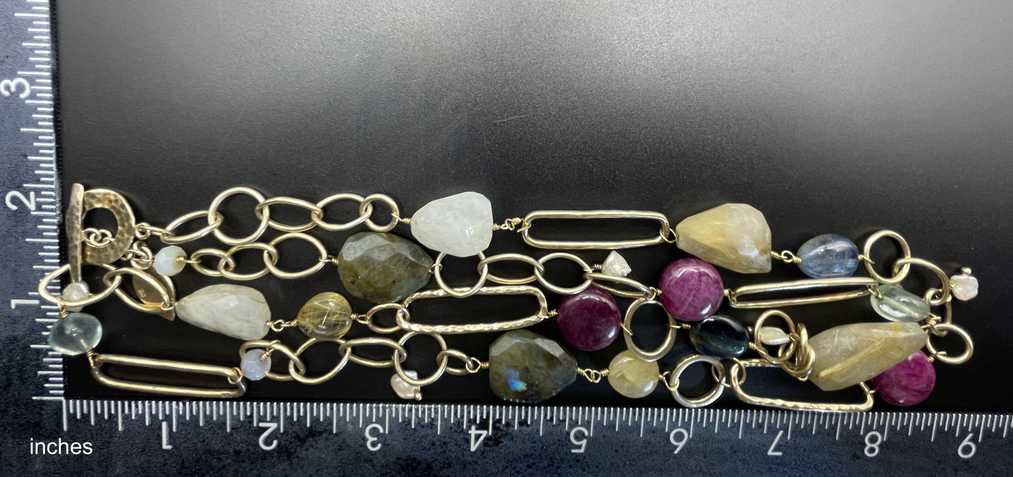Signed Monica Vinader heavy sterling silver vermeil chunky hammered link long necklace with lots of semi-precious gemstone beads, 81 grams