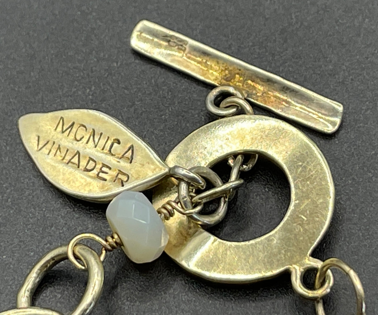 Signed Monica Vinader heavy sterling silver vermeil chunky hammered link long necklace with lots of semi-precious gemstone beads, 81 grams