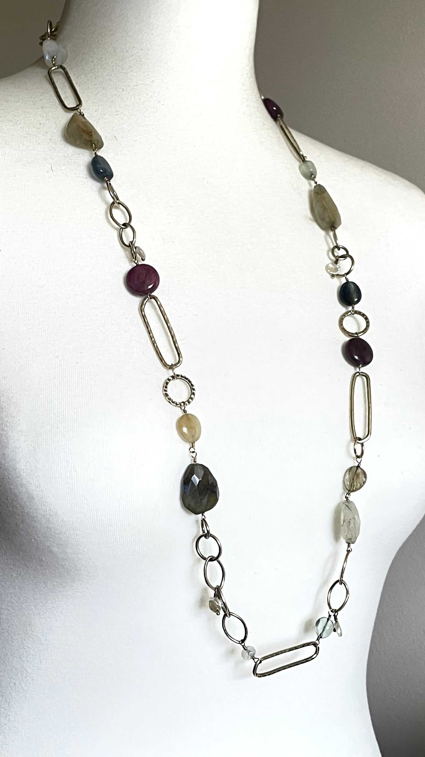 Signed Monica Vinader heavy sterling silver vermeil chunky hammered link long necklace with lots of semi-precious gemstone beads, 81 grams