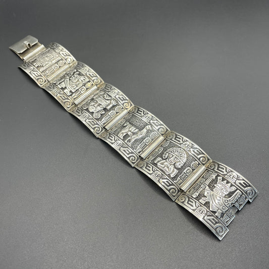 Vintage 925 sterling silver wide panel cuff storyteller bracelet - six South American scenes, 48 grams