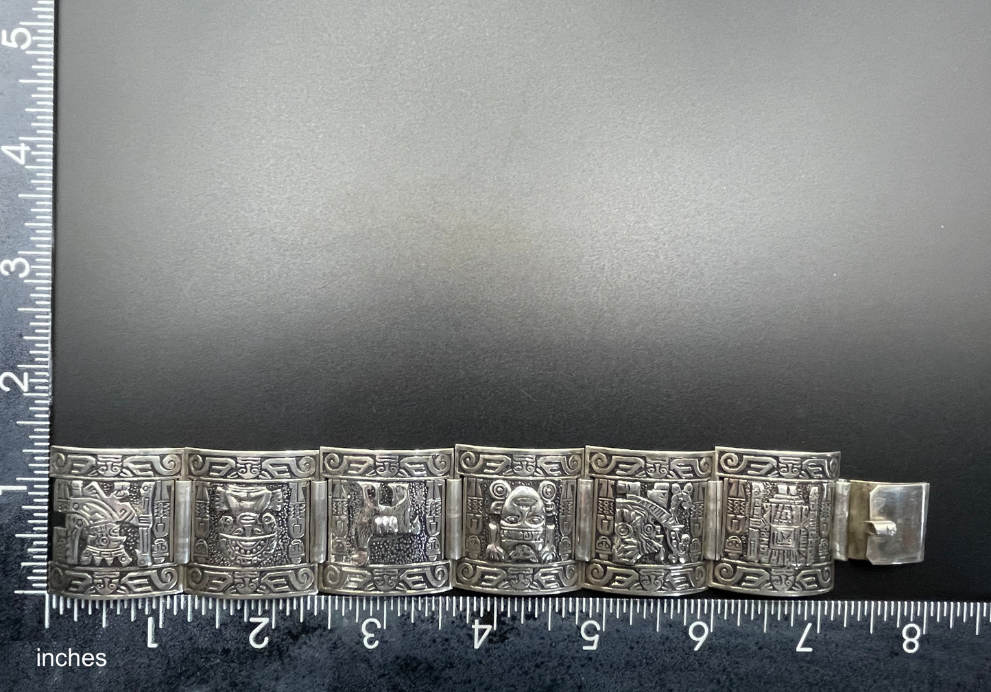 Vintage 925 sterling silver wide panel cuff storyteller bracelet - six South American scenes, 48 grams