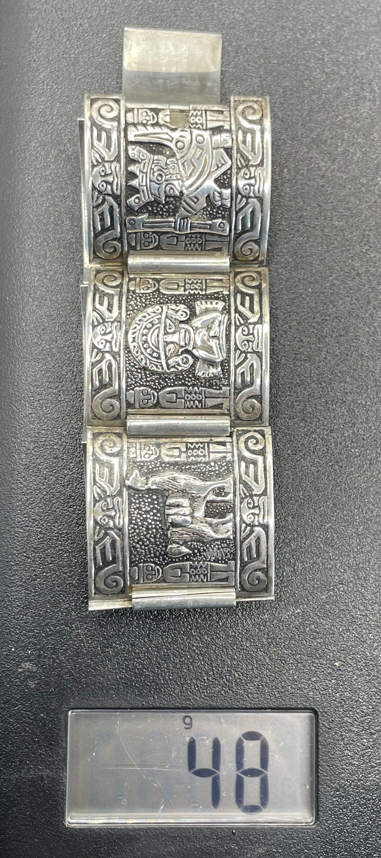 Vintage 925 sterling silver wide panel cuff storyteller bracelet - six South American scenes, 48 grams