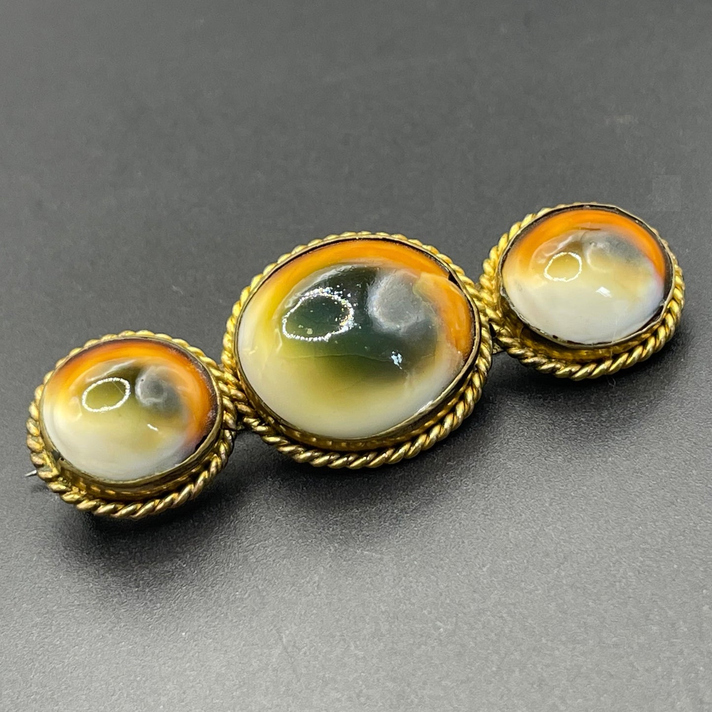 Vintage gold tone and operculum Victorian triple large cabochon brooch - pinchbeck or gold plated