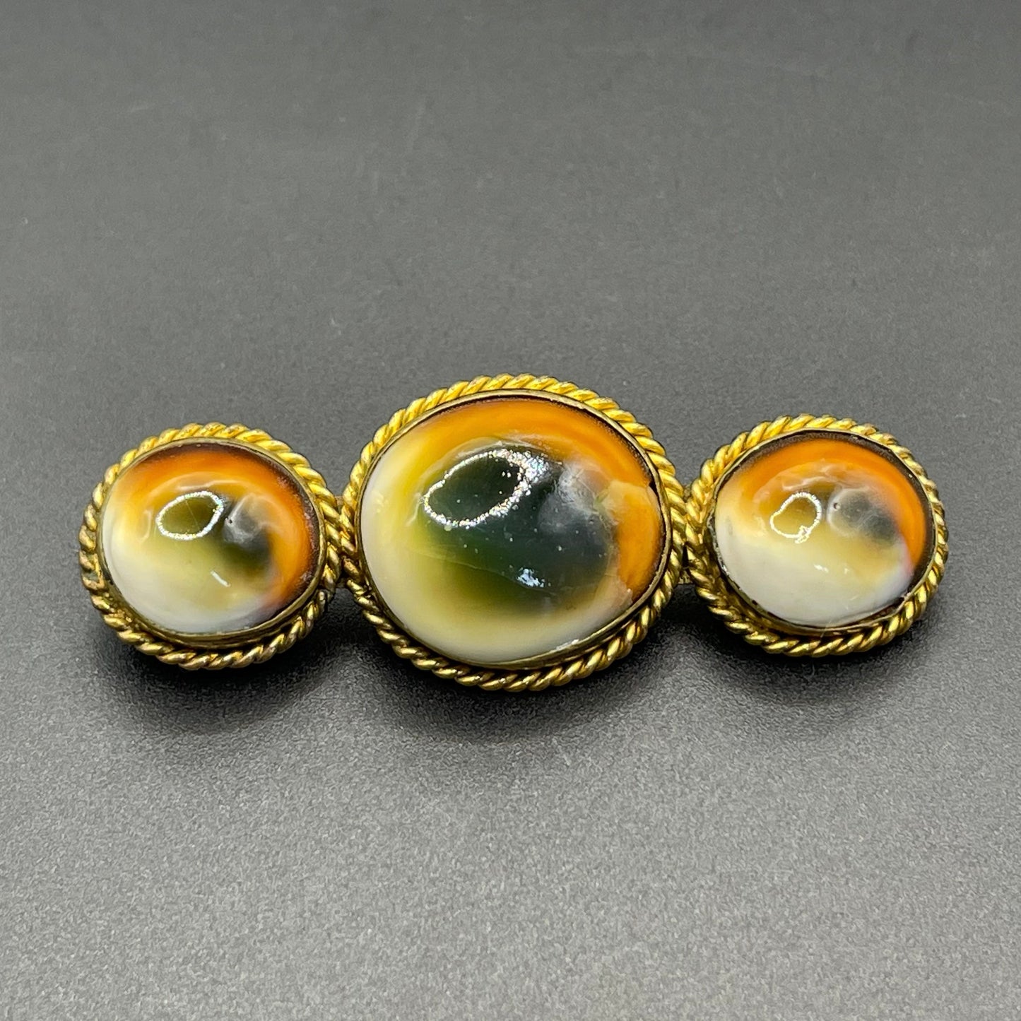 Vintage gold tone and operculum Victorian triple large cabochon brooch - pinchbeck or gold plated