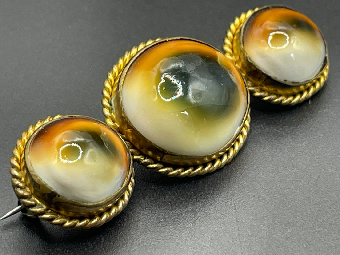 Vintage gold tone and operculum Victorian triple large cabochon brooch - pinchbeck or gold plated