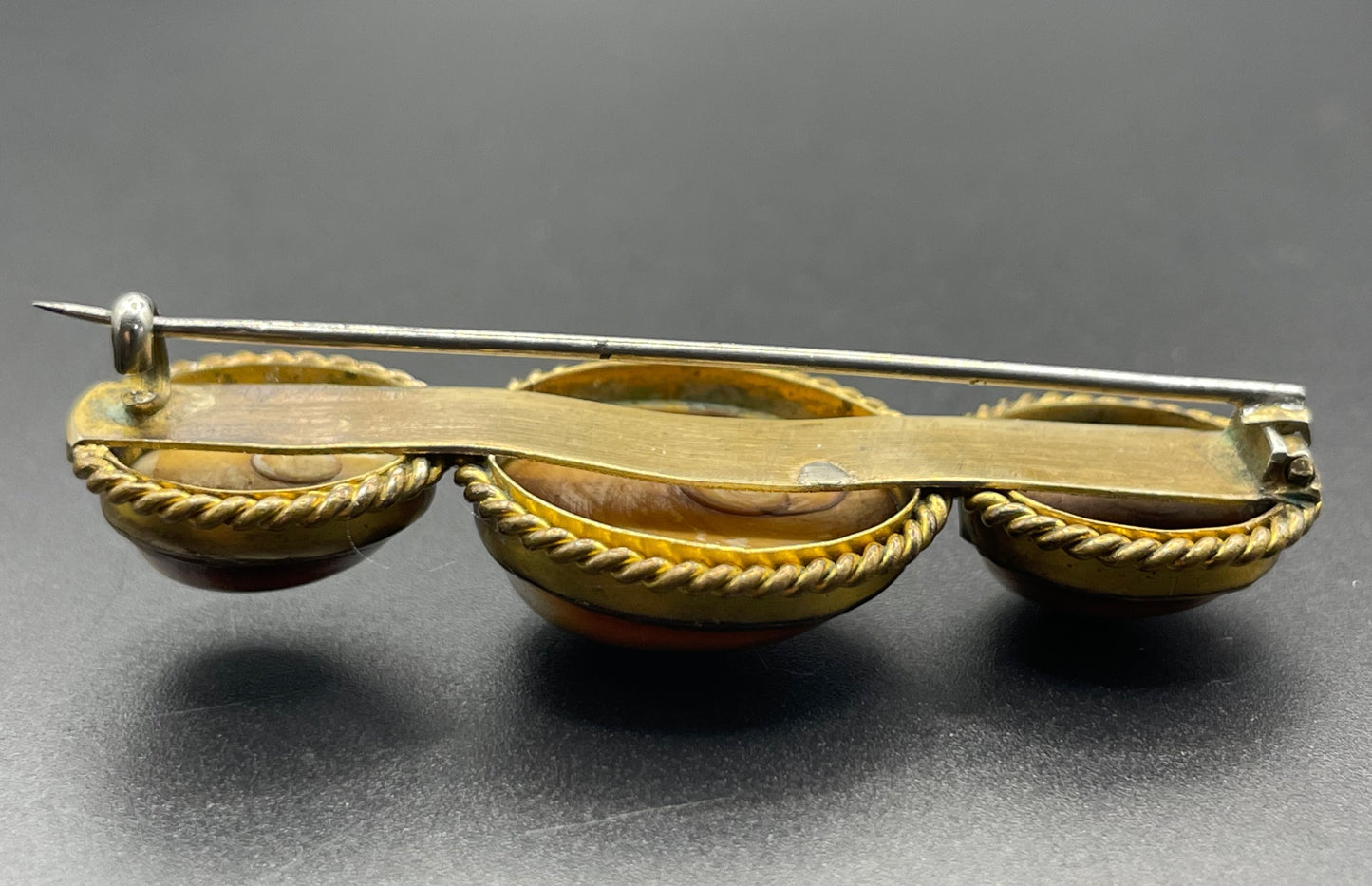 Vintage gold tone and operculum Victorian triple large cabochon brooch - pinchbeck or gold plated