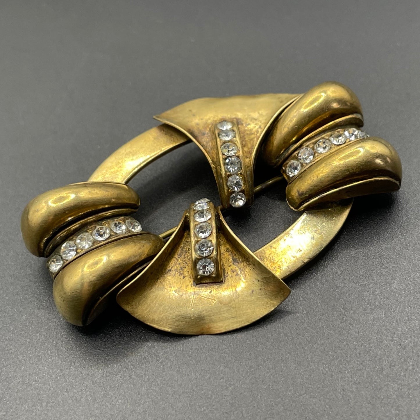 Large vintage Art Deco gold tone and clear glass rhinestone brooch, lovely architectural, geometric design, some wear