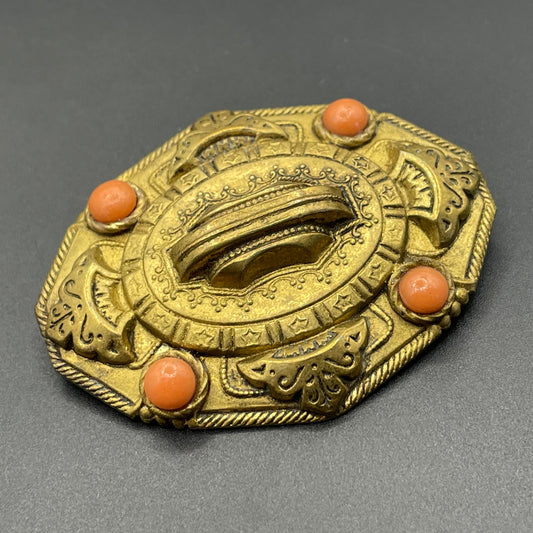 Large vintage Art Deco brass and faux coral glass cabochon brooch, lovely architectural, geometric design