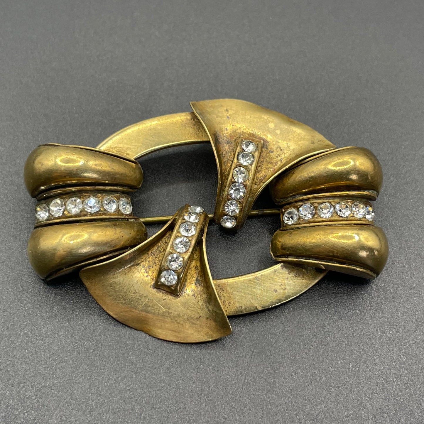 Large vintage Art Deco gold tone and clear glass rhinestone brooch, lovely architectural, geometric design, some wear