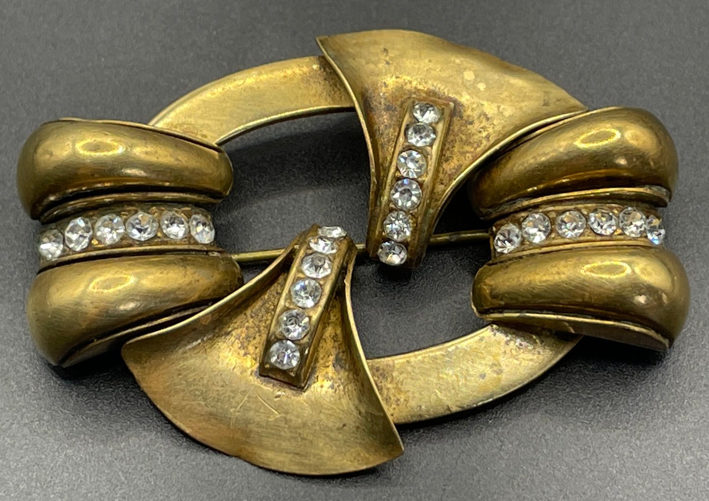 Large vintage Art Deco gold tone and clear glass rhinestone brooch, lovely architectural, geometric design, some wear