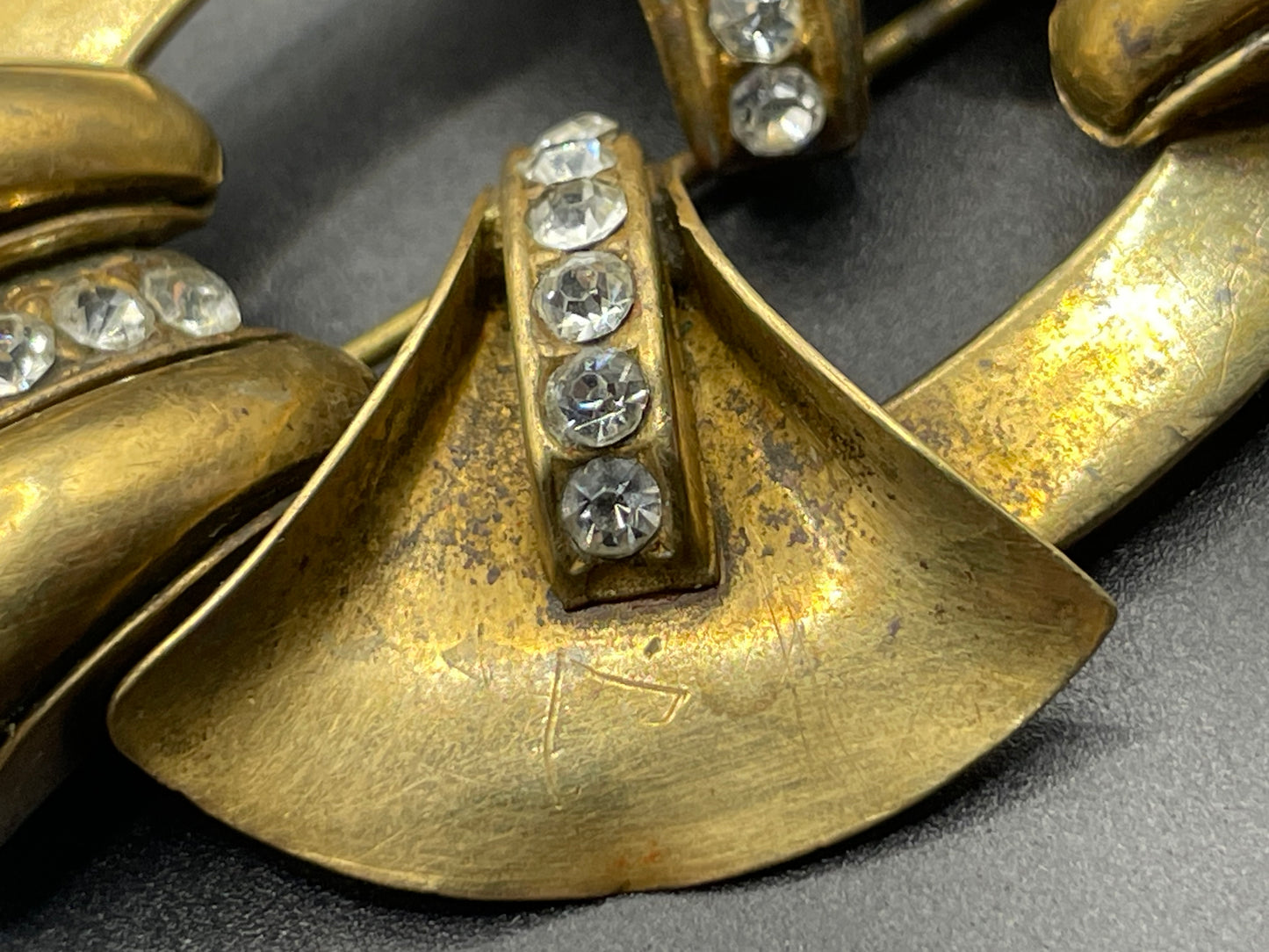 Large vintage Art Deco gold tone and clear glass rhinestone brooch, lovely architectural, geometric design, some wear